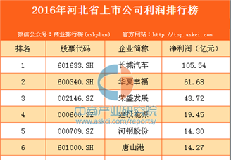2016年河北省上市公司利润排行榜TOP50