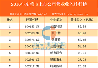 2016年东莞市上市公司营业收入排行榜
