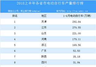 2018年上半年全国各省市电动自行车产量排行榜