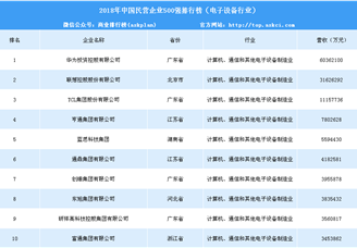 2018年中国民营企业500强排行榜（电子设备行业）