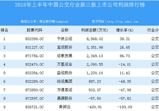 2018年上半年中國公交行業新三板上市公司利潤排行榜