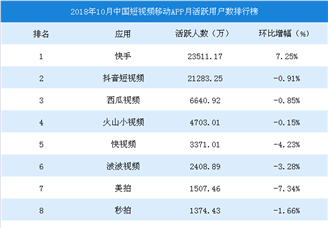 2018年10月中国短视频移动APP月活跃用户数排行榜