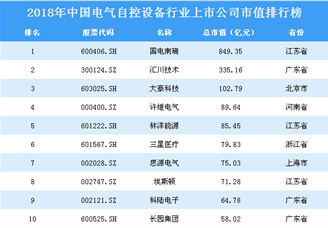 2018年中國電氣自控設備行業上市公司市值排行榜