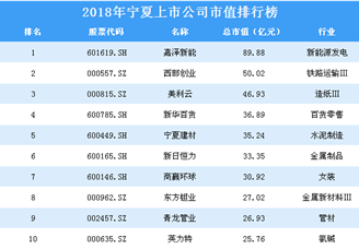 2018年宁夏上市公司市值排行榜
