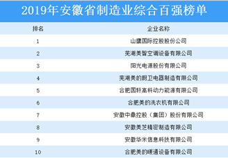 2019年安徽省制造业综合百强排行榜