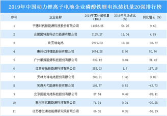 2019年中国动力锂离子电池企业磷酸铁锂电池装机量20强排行榜