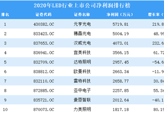 2020年LED行业上市公司净利润排行榜TOP50