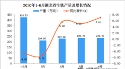 2020年1-6月湖北省生鐵產量同比增長0.45%
