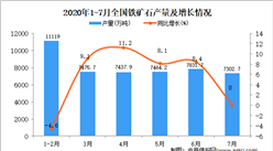 2020年1-7月全國鐵礦石產量為48644.4萬噸 同比增長3.6%