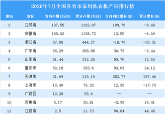 2020年7月全国各省市家用洗衣机产量排行榜