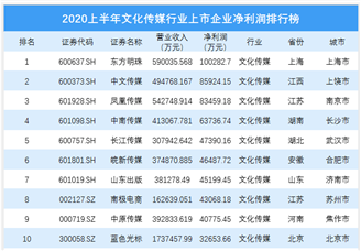2020上半年文化传媒行业上市企业净利润排行榜（附榜单）