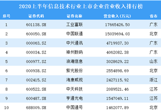 2020上半年信息技术行业上市企业营业收入排行榜
