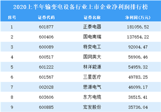 2020上半年输变电设备行业上市企业净利润排行榜TOP50
