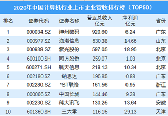 2020年中国计算机行业上市企业营收排行榜TOP50