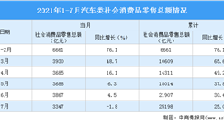 2021年1-7月汽車類社會消費品零售總額25198億元 同比增長25%（圖）