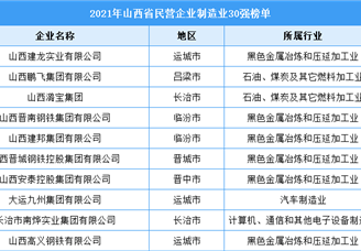 2021年山西省民营企业制造业30强排行榜（附全榜单）