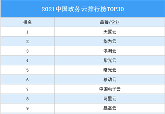 2021中国政务云排行榜TOP30（附榜单）