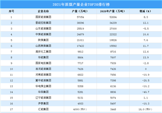 2021年度原煤产量企业TOP20排行榜（附榜单）