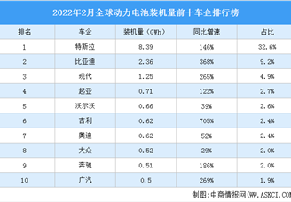 2022年2月全球动力电池装机量TOP10车企排行榜（附榜单）