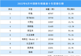 2022年6月中国轿车销量前十车型排行榜（附榜单）