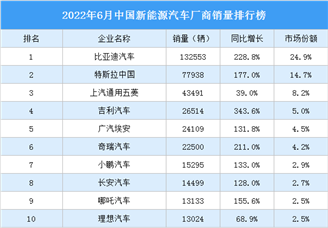 2022年6月中国新能源汽车厂商销量排行榜（附榜单）