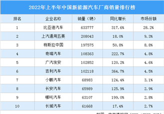 2022年上半年中国新能源汽车厂商销量排行榜（附榜单）