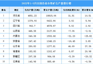 2022年1-5月全国各省市铁矿石产量排行榜