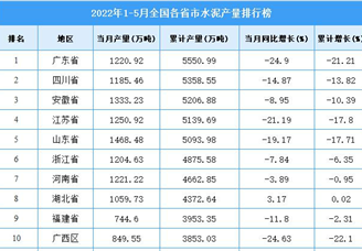 2022年1-5月全国各省市水泥产量排行榜