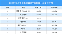 2022年6月中國新能源SUV銷量前十車型排行榜（附榜單）