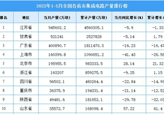 2022年1-5月全国各省市集成电路产量排行榜