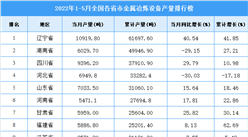 2022年1-5月全國各省市金屬冶煉設備產量排行榜