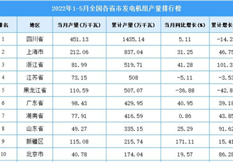 2022年1-5月全国各省市发电机组产量排行榜