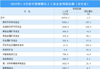2022年1-6月全国规上工业企业利润总额同比增长1%（图）