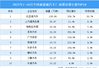 2022年1-10月中国新能源汽车厂商销量排行榜TOP10（附榜单）
