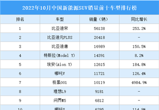 2022年10月中国新能源SUV销量前十车型排行榜（附榜单）