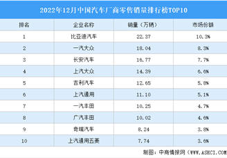 2022年12月中国汽车厂商零售销量排行榜TOP10（附榜单）