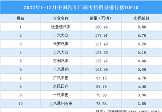 2022年1-12月中国汽车厂商零售销量排行榜TOP10（附榜单）