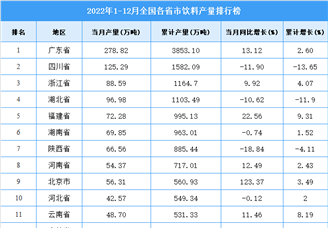 2022年1-12月全国各省市饮料产量排行榜