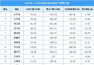 2022年1-12月全国各省市原盐产量排行榜