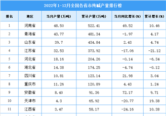 2022年1-12月全国各省市纯碱产量排行榜