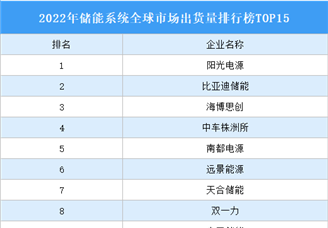 2022年储能系统全球市场出货量排行榜TOP15（附榜单）