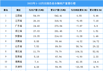 2022年全国各省市铜材产量排行榜