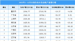 2022年全國各省市發動機產量排行榜