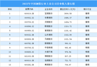 2022年中国钢铁行业上市公司营业收入排行榜（附全榜单）