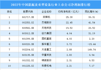 2022年中國能源及重型設備行業上市公司凈利潤排行榜（附全榜單）