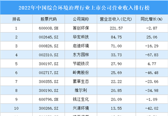 2022年中国综合环境治理行业上市公司营业收入排行榜（附全榜单）