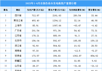 2023年上半年全国各省市发电机组产量排行榜