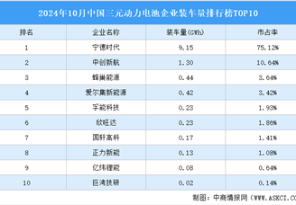 2024年10月中國三元動力電池企業裝車量排行榜TOP10（附榜單）