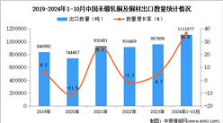 2024年1-10月中國未鍛軋銅及銅材出口數據統計分析：出口量同比增長36.5%