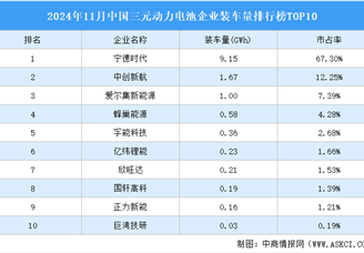 2024年11月中國三元動力電池企業裝車量排行榜TOP10（附榜單）